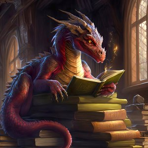 A red dragon reading on a pile of books.